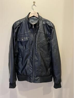 Black Faux Leather Moto Jacket with Zip Pockets  Large Mens